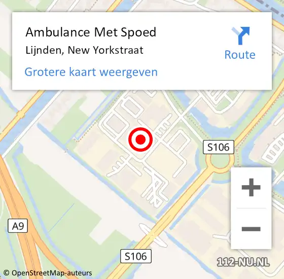Locatie op kaart van de 112 melding: Ambulance Met Spoed Naar Lijnden, New Yorkstraat op 15 juli 2021 17:02