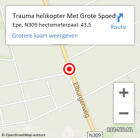 Locatie op kaart van de 112 melding: Trauma helikopter Met Grote Spoed Naar Epe, N309 hectometerpaal: 43,5 op 15 juli 2021 17:41