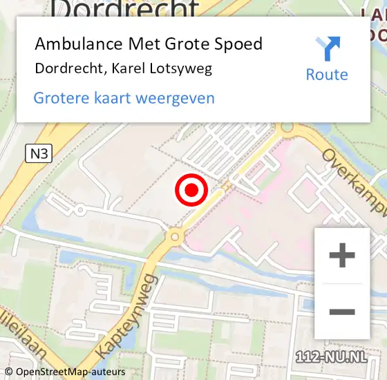 Locatie op kaart van de 112 melding: Ambulance Met Grote Spoed Naar Dordrecht, Karel Lotsyweg op 15 juli 2021 18:27