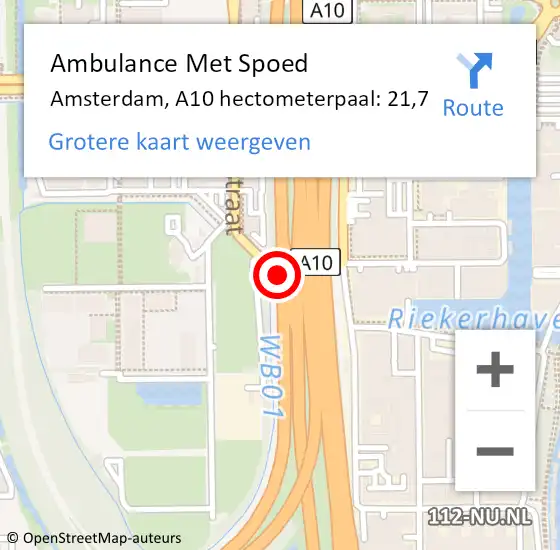 Locatie op kaart van de 112 melding: Ambulance Met Spoed Naar Amsterdam, A10 hectometerpaal: 21,7 op 15 juli 2021 19:09