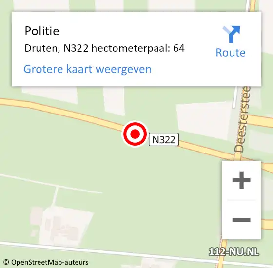 Locatie op kaart van de 112 melding: Politie Druten, N322 hectometerpaal: 64 op 16 juli 2021 00:01