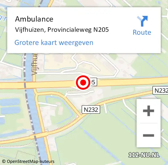 Locatie op kaart van de 112 melding: Ambulance Vijfhuizen, Provincialeweg N205 op 16 juli 2021 12:05