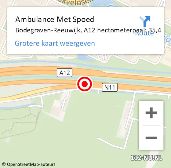 Locatie op kaart van de 112 melding: Ambulance Met Spoed Naar Bodegraven-Reeuwijk, A12 hectometerpaal: 35,4 op 16 juli 2021 13:07