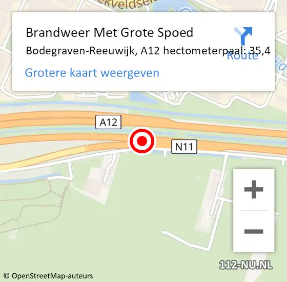 Locatie op kaart van de 112 melding: Brandweer Met Grote Spoed Naar Bodegraven-Reeuwijk, A12 hectometerpaal: 35,4 op 16 juli 2021 13:09