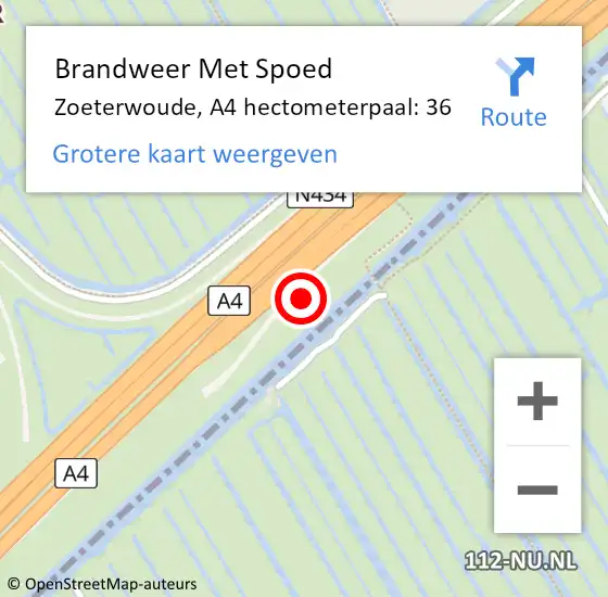 Locatie op kaart van de 112 melding: Brandweer Met Spoed Naar Zoeterwoude, A4 hectometerpaal: 36 op 16 juli 2021 13:55