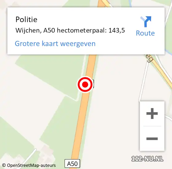 Locatie op kaart van de 112 melding: Politie Wijchen, A50 hectometerpaal: 143,5 op 16 juli 2021 15:08