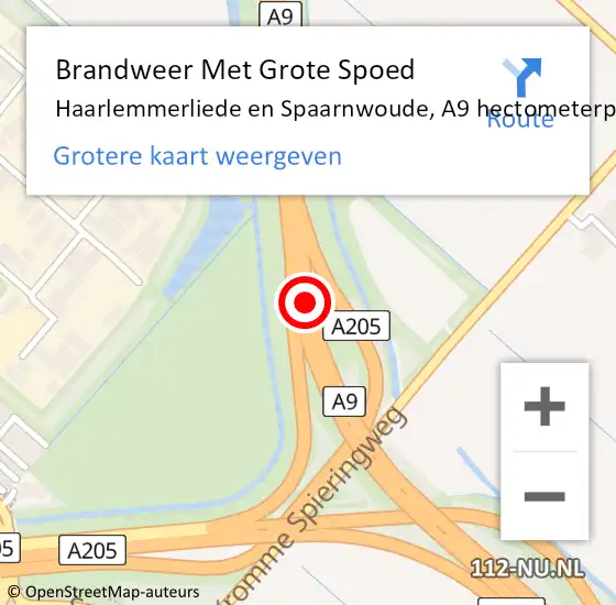 Locatie op kaart van de 112 melding: Brandweer Met Grote Spoed Naar Haarlemmerliede en Spaarnwoude, A9 hectometerpaal: 41,8 op 16 juli 2021 16:14