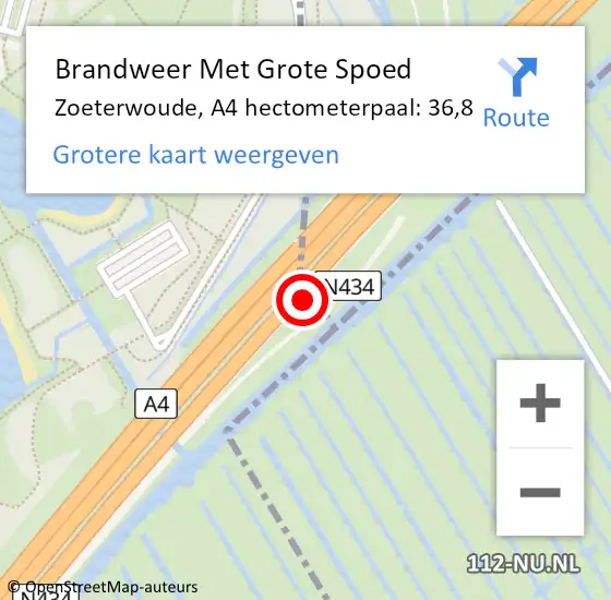 Locatie op kaart van de 112 melding: Brandweer Met Grote Spoed Naar Zoeterwoude, A4 hectometerpaal: 36,8 op 16 juli 2021 16:34