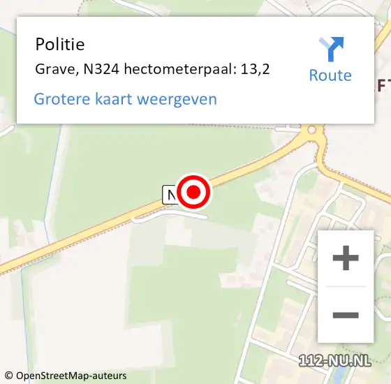 Locatie op kaart van de 112 melding: Politie Grave, N324 hectometerpaal: 13,2 op 16 juli 2021 16:40