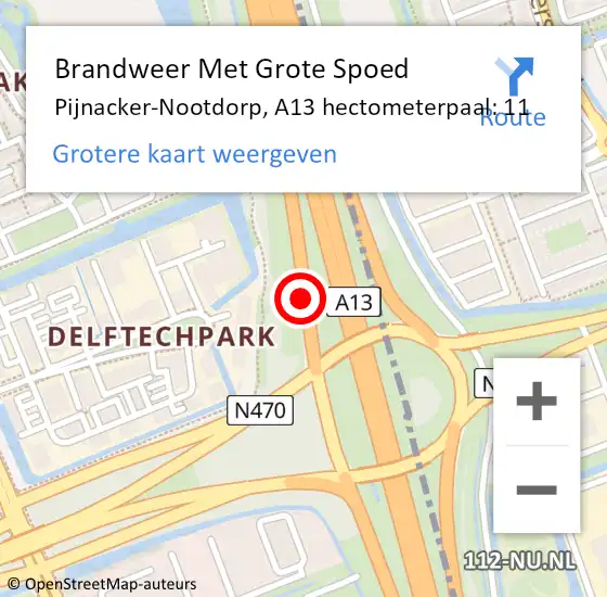 Locatie op kaart van de 112 melding: Brandweer Met Grote Spoed Naar Pijnacker-Nootdorp, A13 hectometerpaal: 11 op 16 juli 2021 16:43