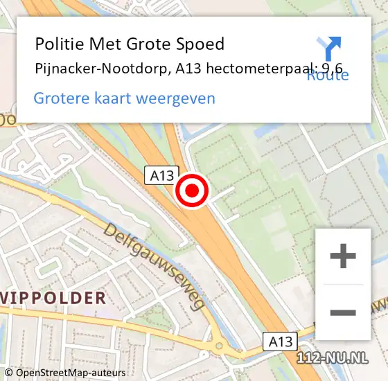 Locatie op kaart van de 112 melding: Politie Met Grote Spoed Naar Pijnacker-Nootdorp, A13 hectometerpaal: 9,6 op 16 juli 2021 16:43