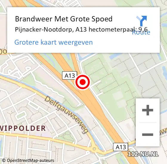Locatie op kaart van de 112 melding: Brandweer Met Grote Spoed Naar Pijnacker-Nootdorp, A13 hectometerpaal: 9,6 op 16 juli 2021 16:47