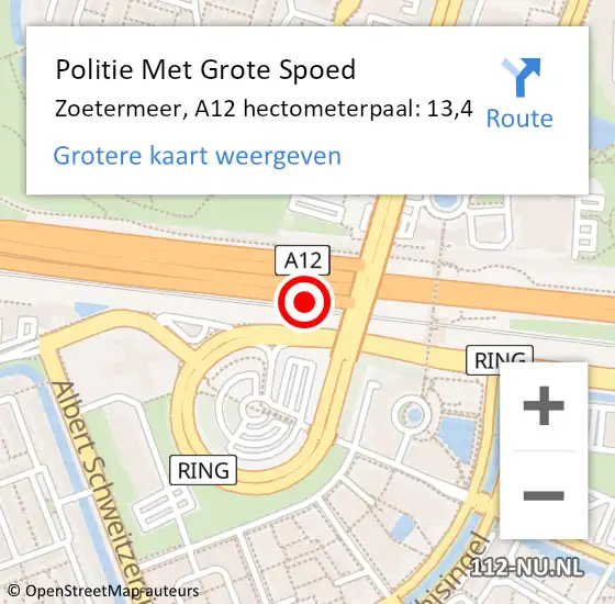 Locatie op kaart van de 112 melding: Politie Met Grote Spoed Naar Zoetermeer, A12 hectometerpaal: 13,4 op 16 juli 2021 17:02