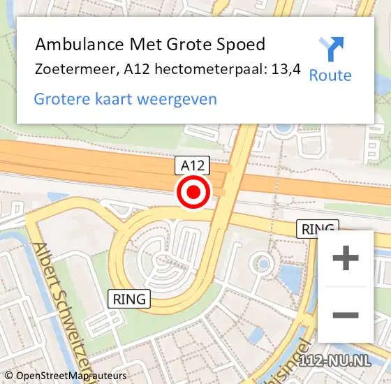 Locatie op kaart van de 112 melding: Ambulance Met Grote Spoed Naar Zoetermeer, A12 hectometerpaal: 13,4 op 16 juli 2021 17:05
