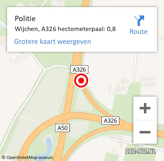 Locatie op kaart van de 112 melding: Politie Wijchen, A326 hectometerpaal: 0,8 op 16 juli 2021 17:06