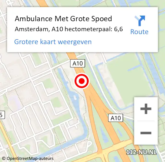 Locatie op kaart van de 112 melding: Ambulance Met Grote Spoed Naar Amsterdam, A10 hectometerpaal: 6,6 op 16 juli 2021 17:08