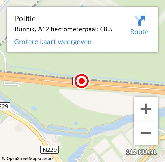 Locatie op kaart van de 112 melding: Politie Bunnik, A12 hectometerpaal: 68,5 op 16 juli 2021 17:26