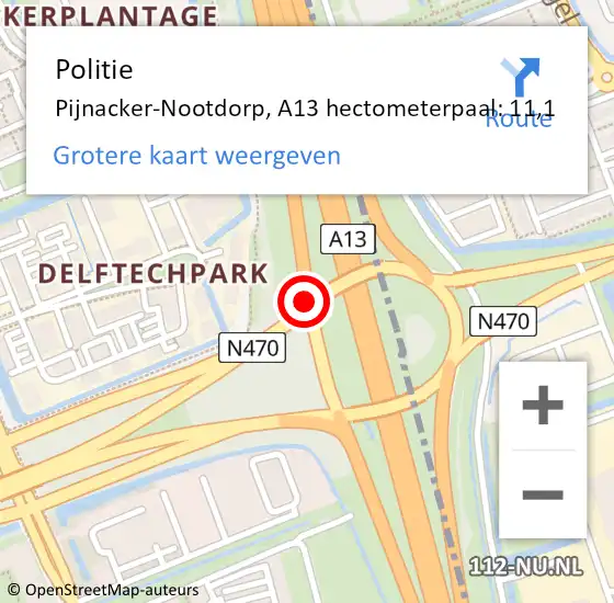 Locatie op kaart van de 112 melding: Politie Pijnacker-Nootdorp, A13 hectometerpaal: 11,1 op 16 juli 2021 17:30