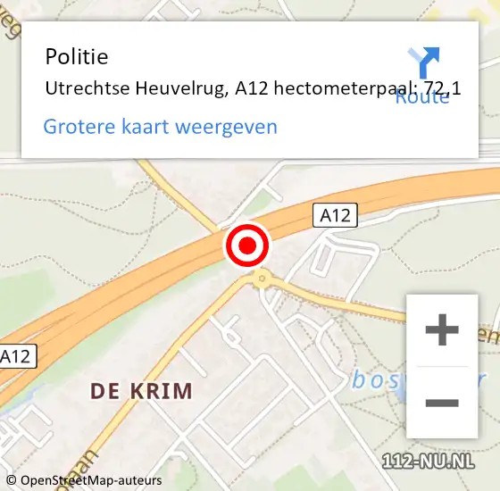 Locatie op kaart van de 112 melding: Politie Utrechtse Heuvelrug, A12 hectometerpaal: 72,1 op 16 juli 2021 17:41