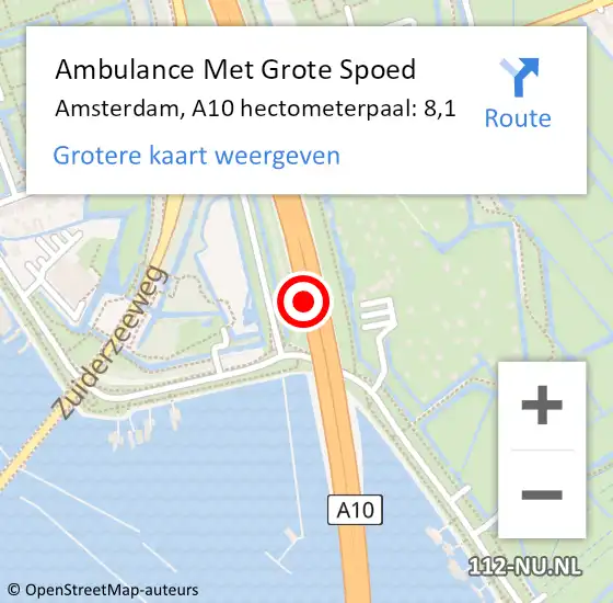 Locatie op kaart van de 112 melding: Ambulance Met Grote Spoed Naar Amsterdam, A10 hectometerpaal: 8,1 op 16 juli 2021 18:11
