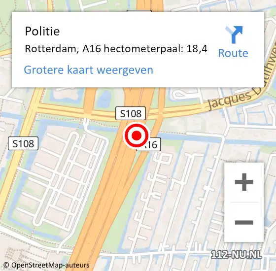 Locatie op kaart van de 112 melding: Politie Rotterdam, A16 hectometerpaal: 18,4 op 16 juli 2021 18:31
