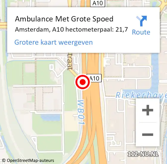 Locatie op kaart van de 112 melding: Ambulance Met Grote Spoed Naar Amsterdam, A10 hectometerpaal: 21,7 op 16 juli 2021 18:41