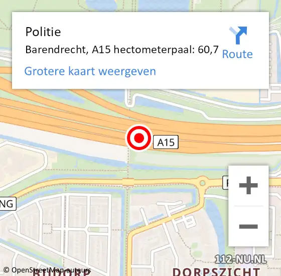 Locatie op kaart van de 112 melding: Politie Barendrecht, A15 hectometerpaal: 60,7 op 16 juli 2021 19:47