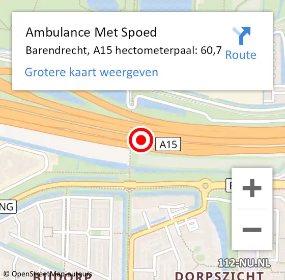 Locatie op kaart van de 112 melding: Ambulance Met Spoed Naar Barendrecht, A15 hectometerpaal: 60,7 op 16 juli 2021 19:49