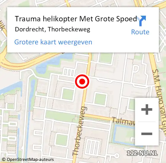 Locatie op kaart van de 112 melding: Trauma helikopter Met Grote Spoed Naar Dordrecht, Thorbeckeweg op 16 juli 2021 21:37