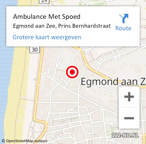 Locatie op kaart van de 112 melding: Ambulance Met Spoed Naar Egmond aan Zee, Prins Bernhardstraat op 16 juli 2021 21:42