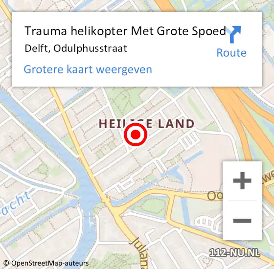 Locatie op kaart van de 112 melding: Trauma helikopter Met Grote Spoed Naar Delft, Odulphusstraat op 16 juli 2021 22:15