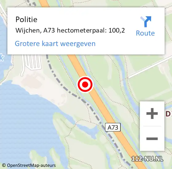 Locatie op kaart van de 112 melding: Politie Wijchen, A73 hectometerpaal: 100,2 op 16 juli 2021 22:37