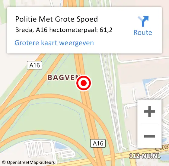 Locatie op kaart van de 112 melding: Politie Met Grote Spoed Naar Breda, A16 hectometerpaal: 61,2 op 16 juli 2021 23:56