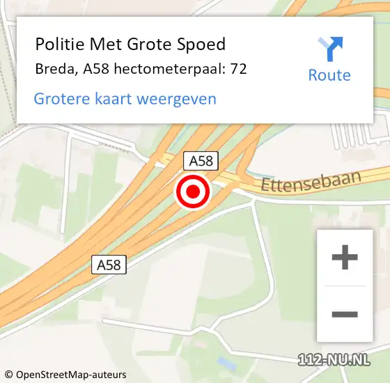 Locatie op kaart van de 112 melding: Politie Met Grote Spoed Naar Breda, A58 hectometerpaal: 72 op 16 juli 2021 23:56