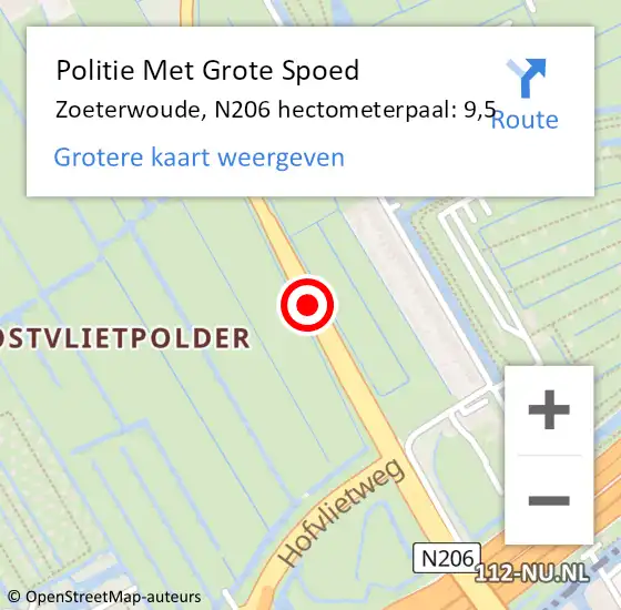 Locatie op kaart van de 112 melding: Politie Met Grote Spoed Naar Zoeterwoude, N206 hectometerpaal: 9,5 op 17 juli 2021 04:09