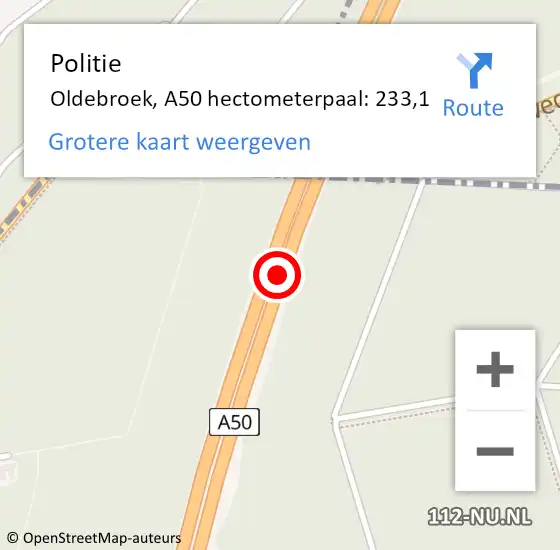 Locatie op kaart van de 112 melding: Politie Oldebroek, A50 hectometerpaal: 233,1 op 17 juli 2021 04:23