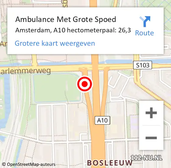 Locatie op kaart van de 112 melding: Ambulance Met Grote Spoed Naar Amsterdam, A10 hectometerpaal: 26,3 op 17 juli 2021 05:45