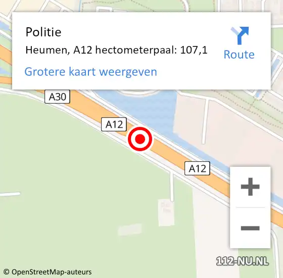 Locatie op kaart van de 112 melding: Politie Heumen, A12 hectometerpaal: 107,1 op 17 juli 2021 06:06