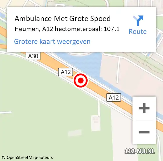 Locatie op kaart van de 112 melding: Ambulance Met Grote Spoed Naar Heumen, A12 hectometerpaal: 107,1 op 17 juli 2021 06:06