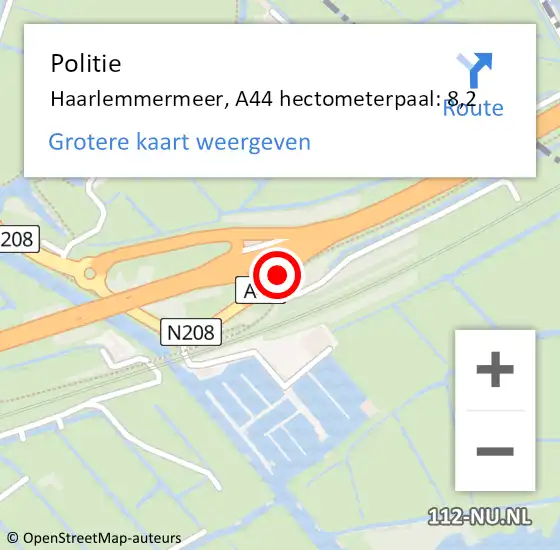 Locatie op kaart van de 112 melding: Politie Haarlemmermeer, A44 hectometerpaal: 8,2 op 17 juli 2021 12:01