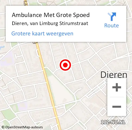 Locatie op kaart van de 112 melding: Ambulance Met Grote Spoed Naar Dieren, van Limburg Stirumstraat op 17 juli 2021 12:52