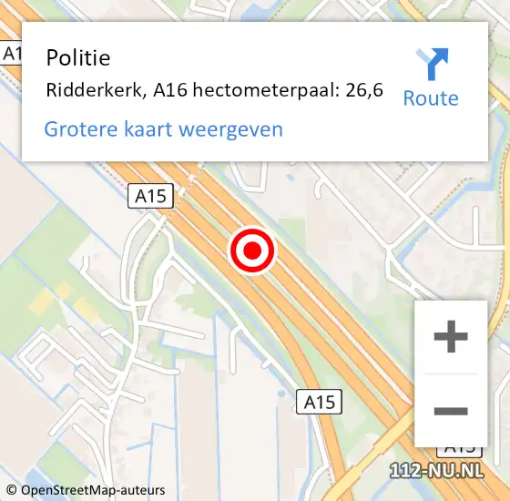 Locatie op kaart van de 112 melding: Politie Ridderkerk, A16 hectometerpaal: 26,6 op 17 juli 2021 12:59