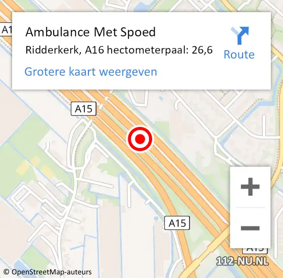 Locatie op kaart van de 112 melding: Ambulance Met Spoed Naar Ridderkerk, A16 hectometerpaal: 26,6 op 17 juli 2021 12:59