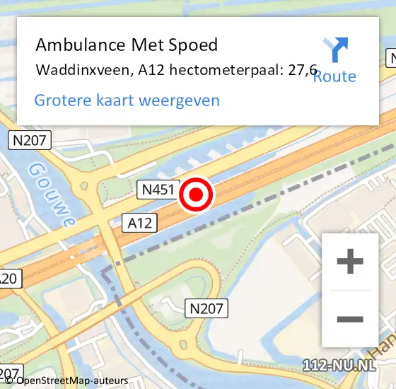 Locatie op kaart van de 112 melding: Ambulance Met Spoed Naar Waddinxveen, A12 hectometerpaal: 27,6 op 17 juli 2021 14:20