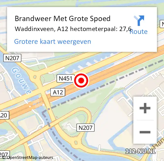 Locatie op kaart van de 112 melding: Brandweer Met Grote Spoed Naar Waddinxveen, A12 hectometerpaal: 27,6 op 17 juli 2021 14:25