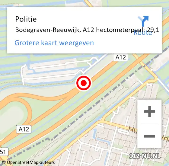 Locatie op kaart van de 112 melding: Politie Bodegraven-Reeuwijk, A12 hectometerpaal: 29,1 op 17 juli 2021 14:38