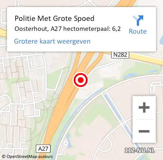 Locatie op kaart van de 112 melding: Politie Met Grote Spoed Naar Oosterhout, A27 hectometerpaal: 6,2 op 17 juli 2021 14:59