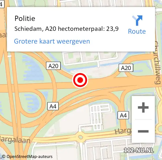 Locatie op kaart van de 112 melding: Politie Schiedam, A20 hectometerpaal: 23,9 op 17 juli 2021 16:52