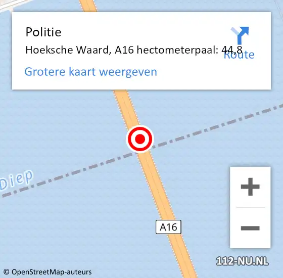 Locatie op kaart van de 112 melding: Politie Dordrecht, A16 hectometerpaal: 44,8 op 17 juli 2021 17:24