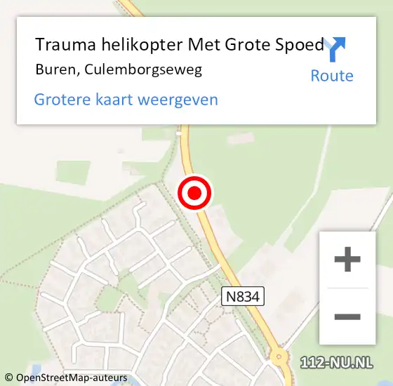 Locatie op kaart van de 112 melding: Trauma helikopter Met Grote Spoed Naar Buren, Culemborgseweg op 17 juli 2021 18:23